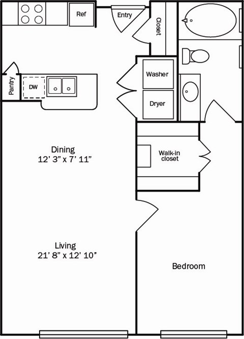 A floor plan of a small apartment with a living room, dining room, kitchen, and bedroom.